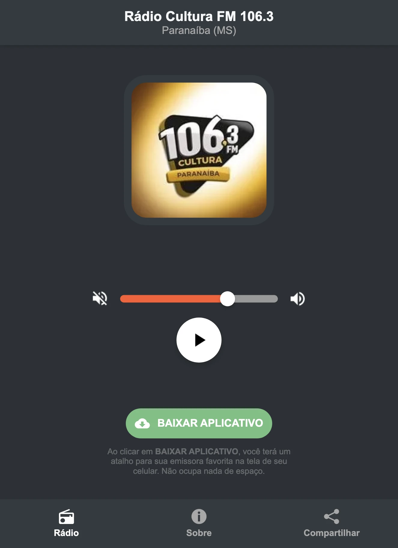 Screenshot do aplicativo da Rádio Cultura FM 106.3