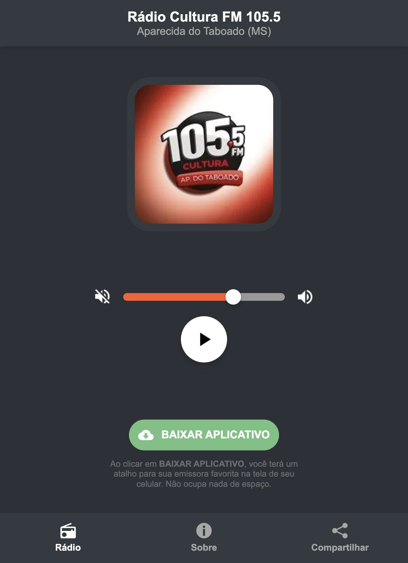 Screenshot do aplicativo da Rádio Cultura FM 105.5