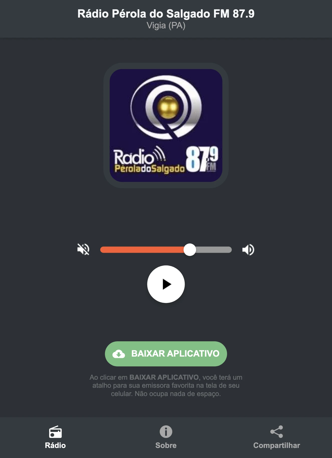 Screenshot do aplicativo da Rádio Pérola do Salgado FM 87.9