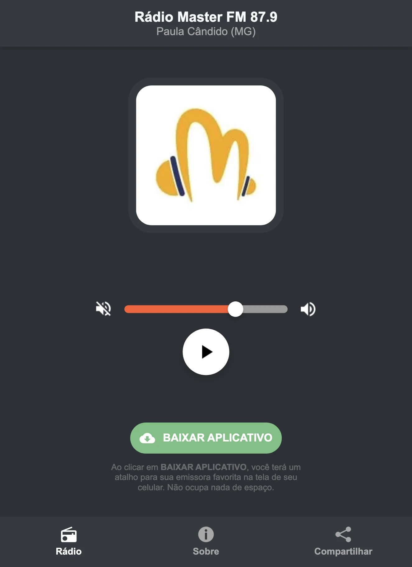 Screenshot do aplicativo da Rádio Master FM 87.9