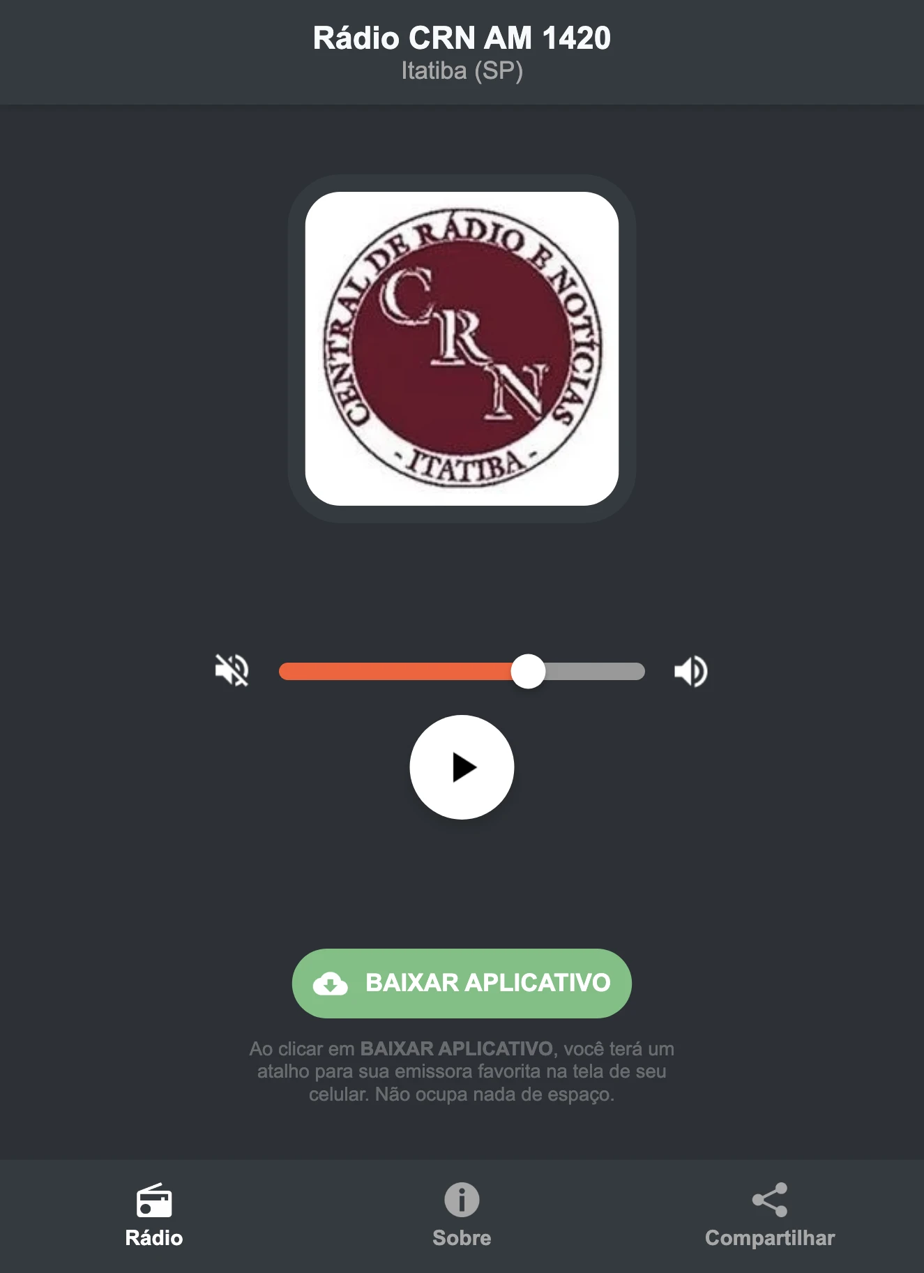 Screenshot do aplicativo da Rádio CRN AM 1420