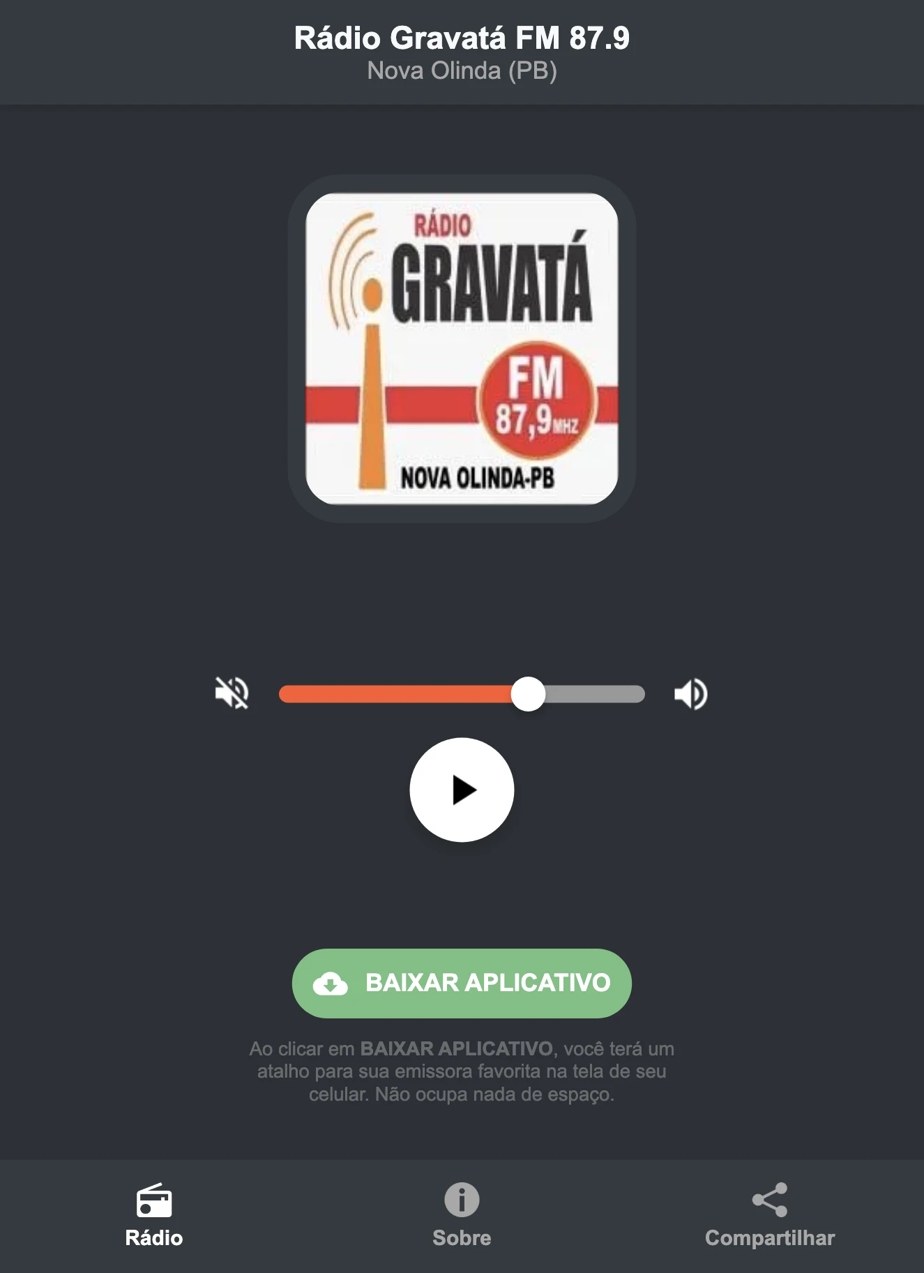 Screenshot do aplicativo da Rádio Gravatá FM 87.9
