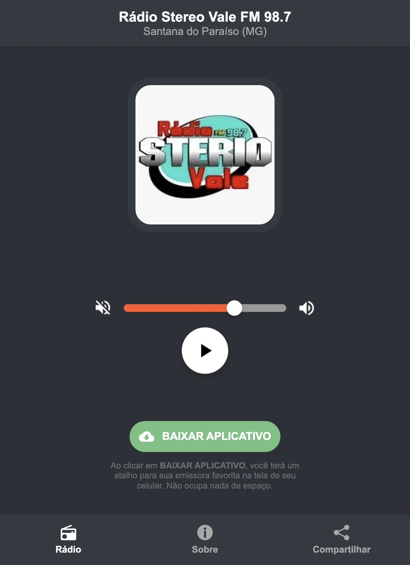 Screenshot do aplicativo da Rádio Stereo Vale FM 98.7