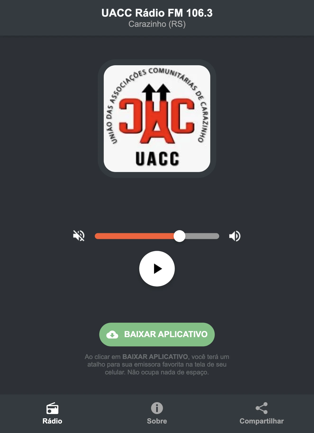 Screenshot do aplicativo da UACC Rádio FM 106.3