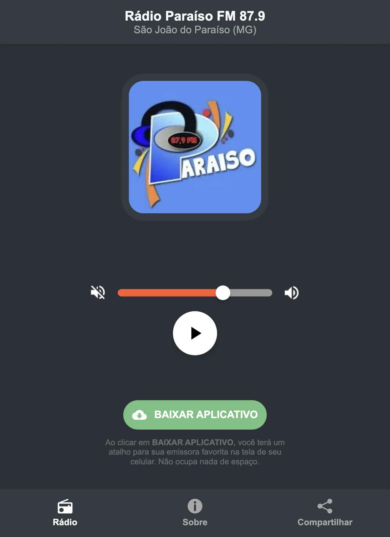 Screenshot do aplicativo da Rádio Paraíso FM 87.9