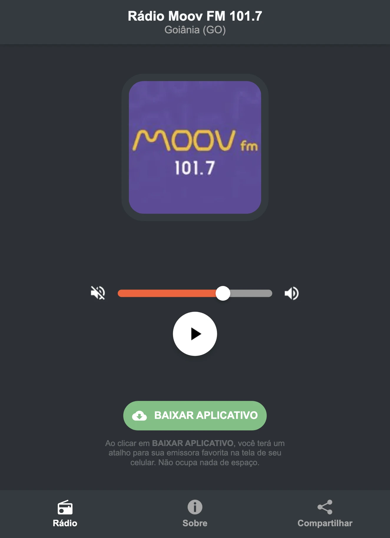 Screenshot do aplicativo da Rádio Moov FM 101.7