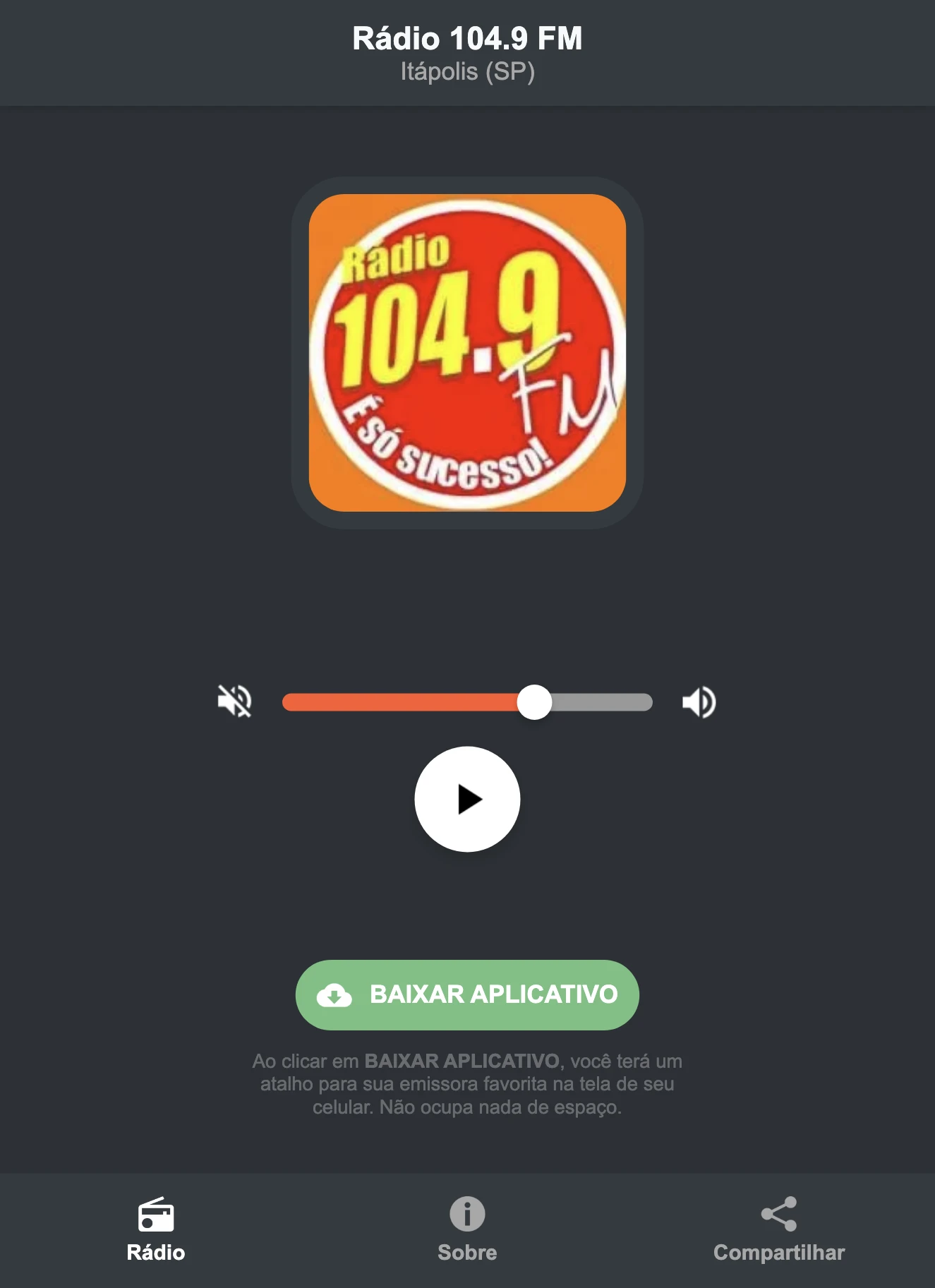 Screenshot do aplicativo da Rádio 104.9 FM