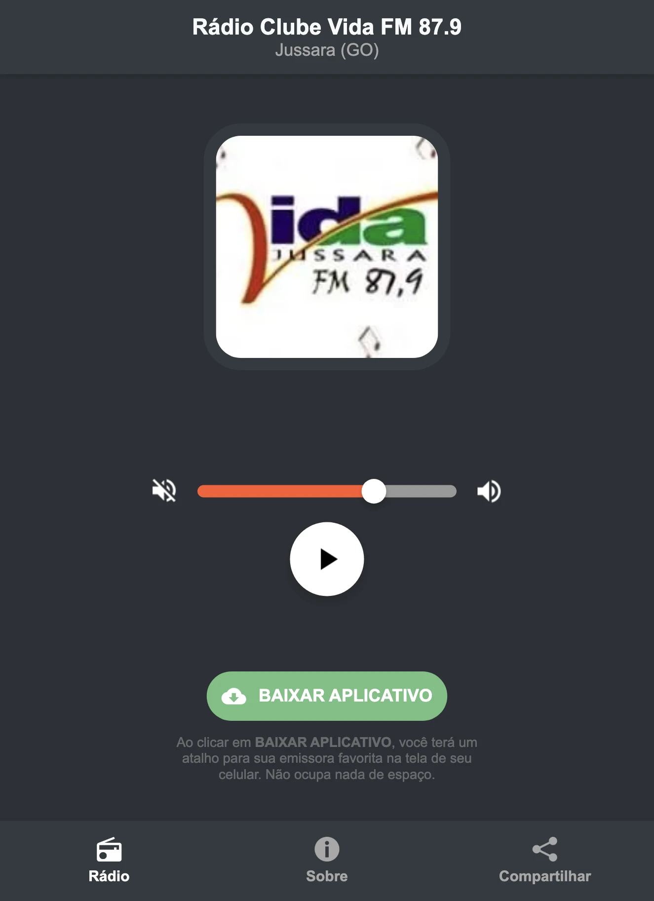 Screenshot do aplicativo da Rádio Clube Vida FM 87.9