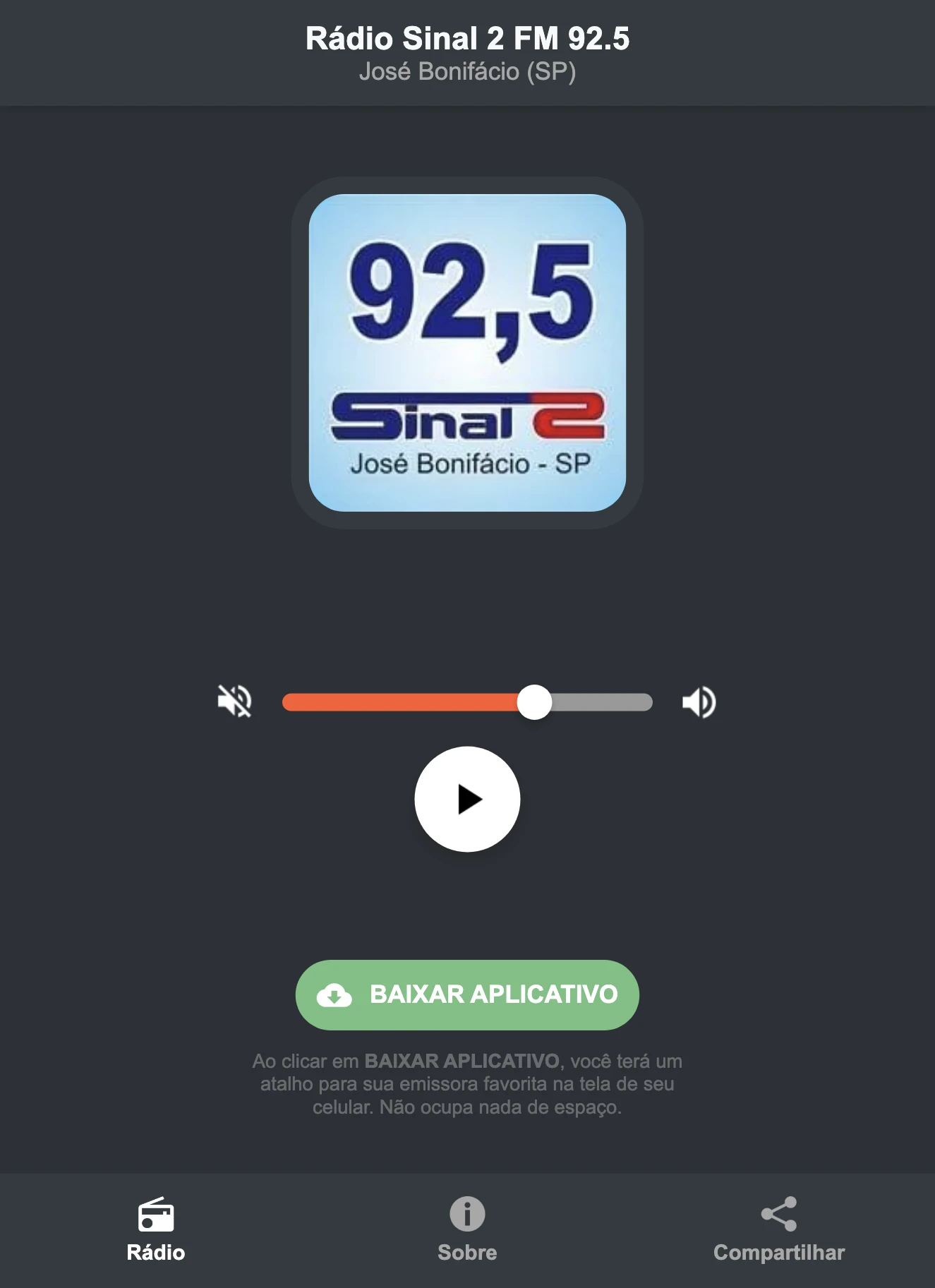 Screenshot do aplicativo da Rádio Sinal 2 FM 92.5