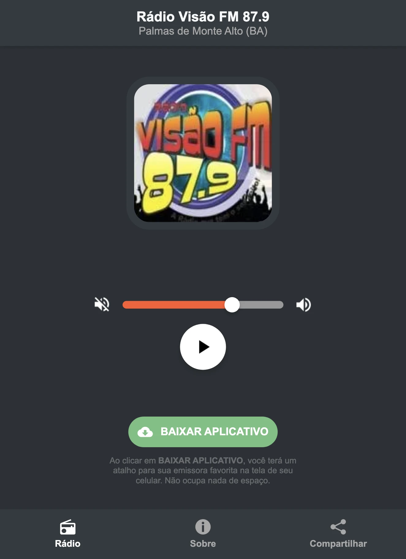 Screenshot do aplicativo da Rádio Visão FM 87.9