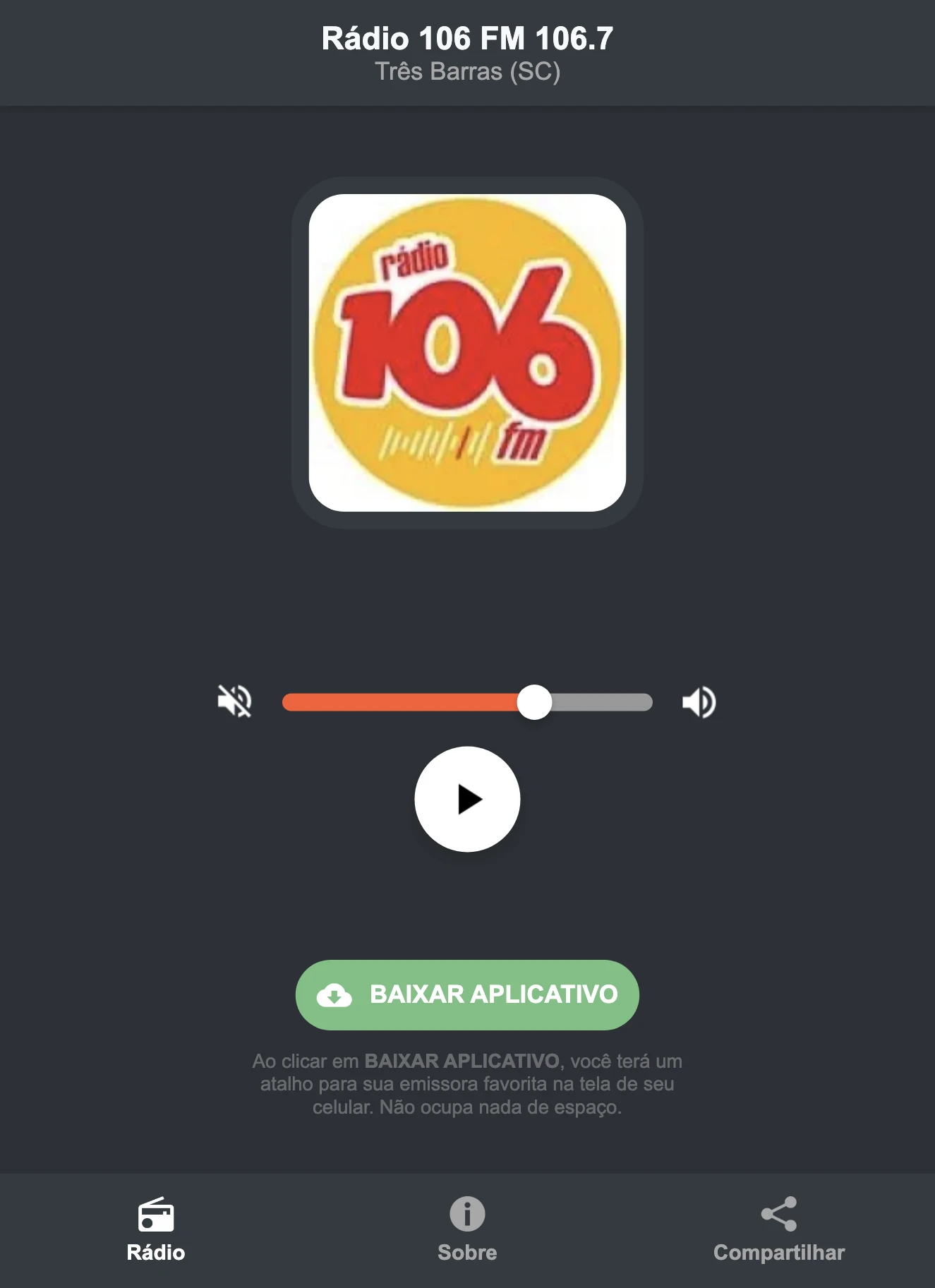 Screenshot do aplicativo da Rádio 106 FM 106.7