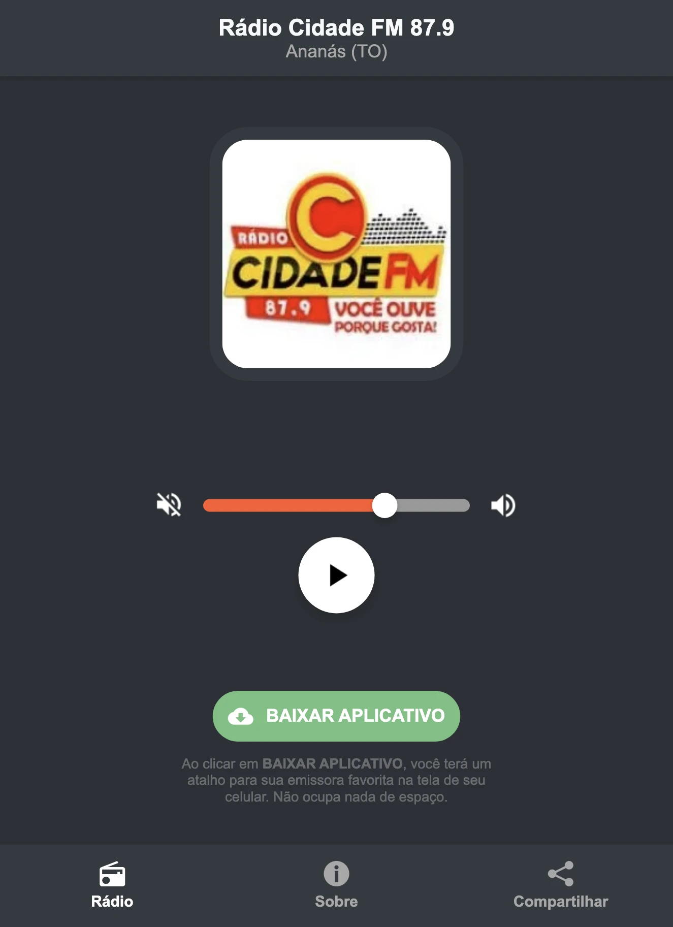 Screenshot do aplicativo da Rádio Cidade FM 87.9