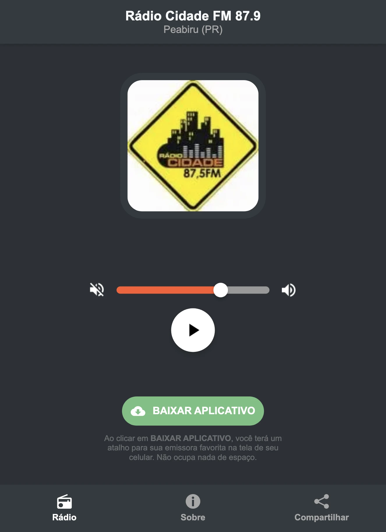 Screenshot do aplicativo da Rádio Cidade FM 87.9