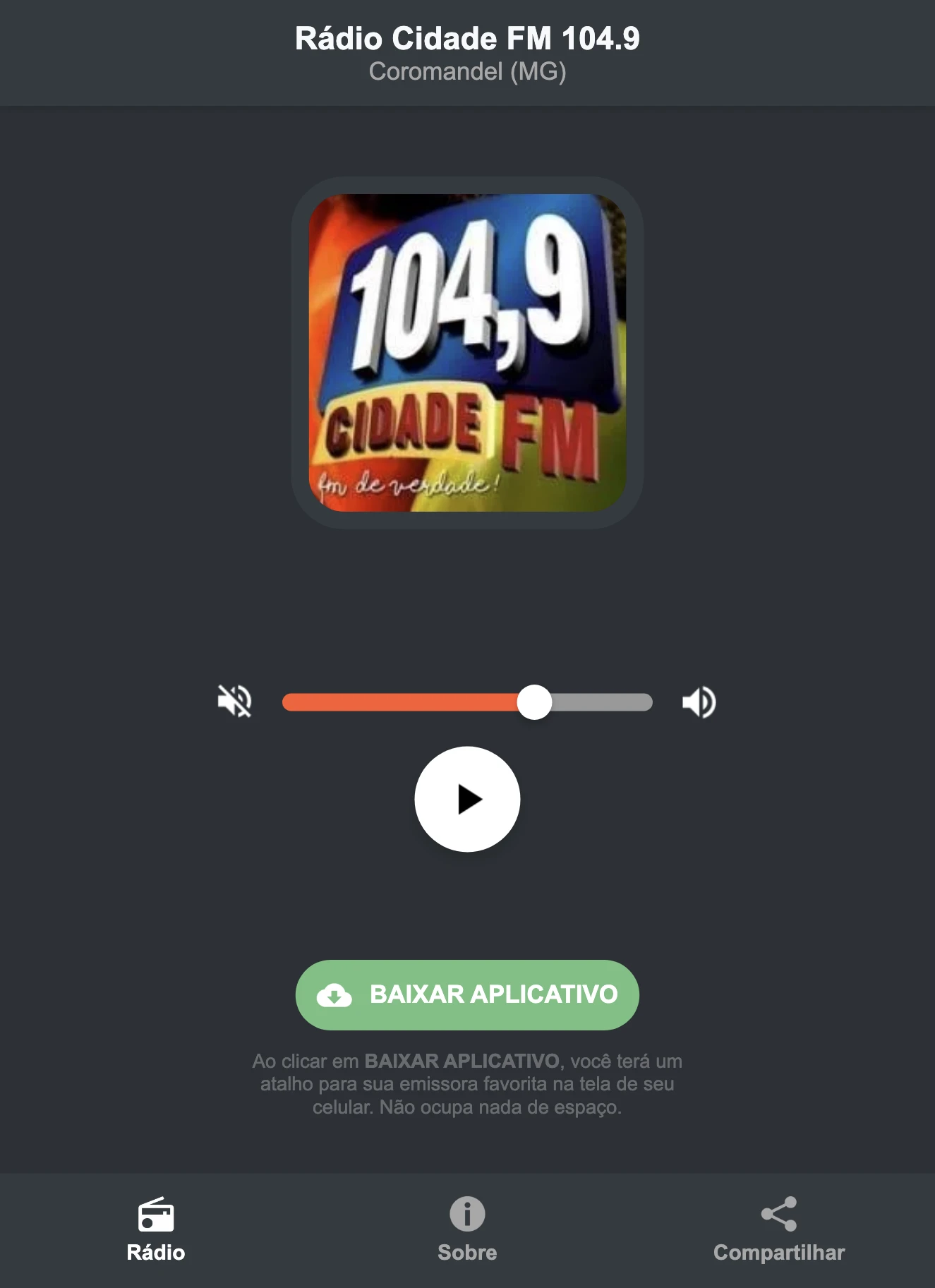 Screenshot do aplicativo da Rádio Cidade FM 104.9