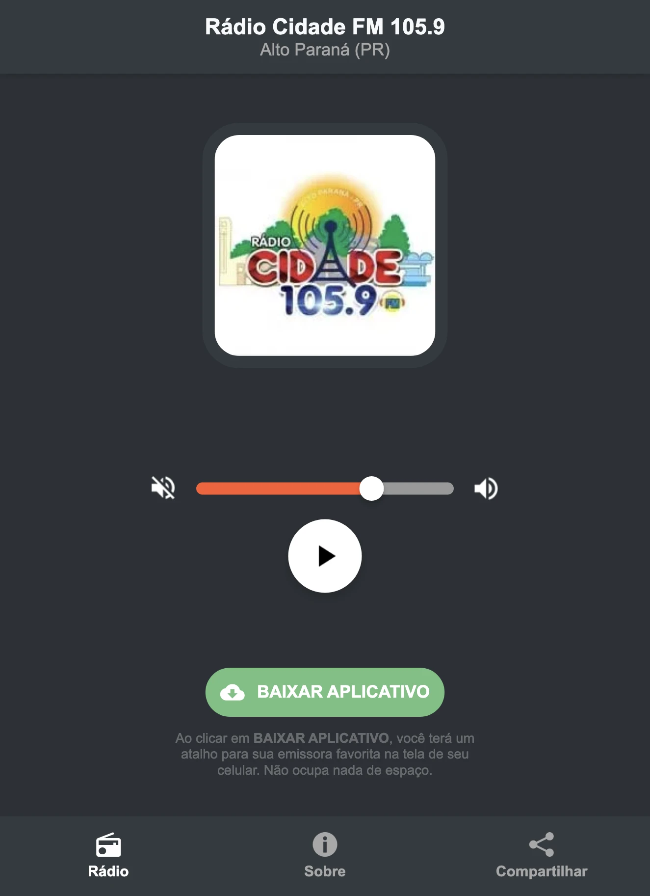 Screenshot do aplicativo da Rádio Cidade FM 105.9