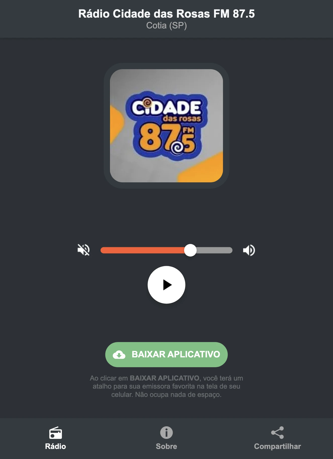 Screenshot do aplicativo da Rádio Cidade das Rosas FM 87.5