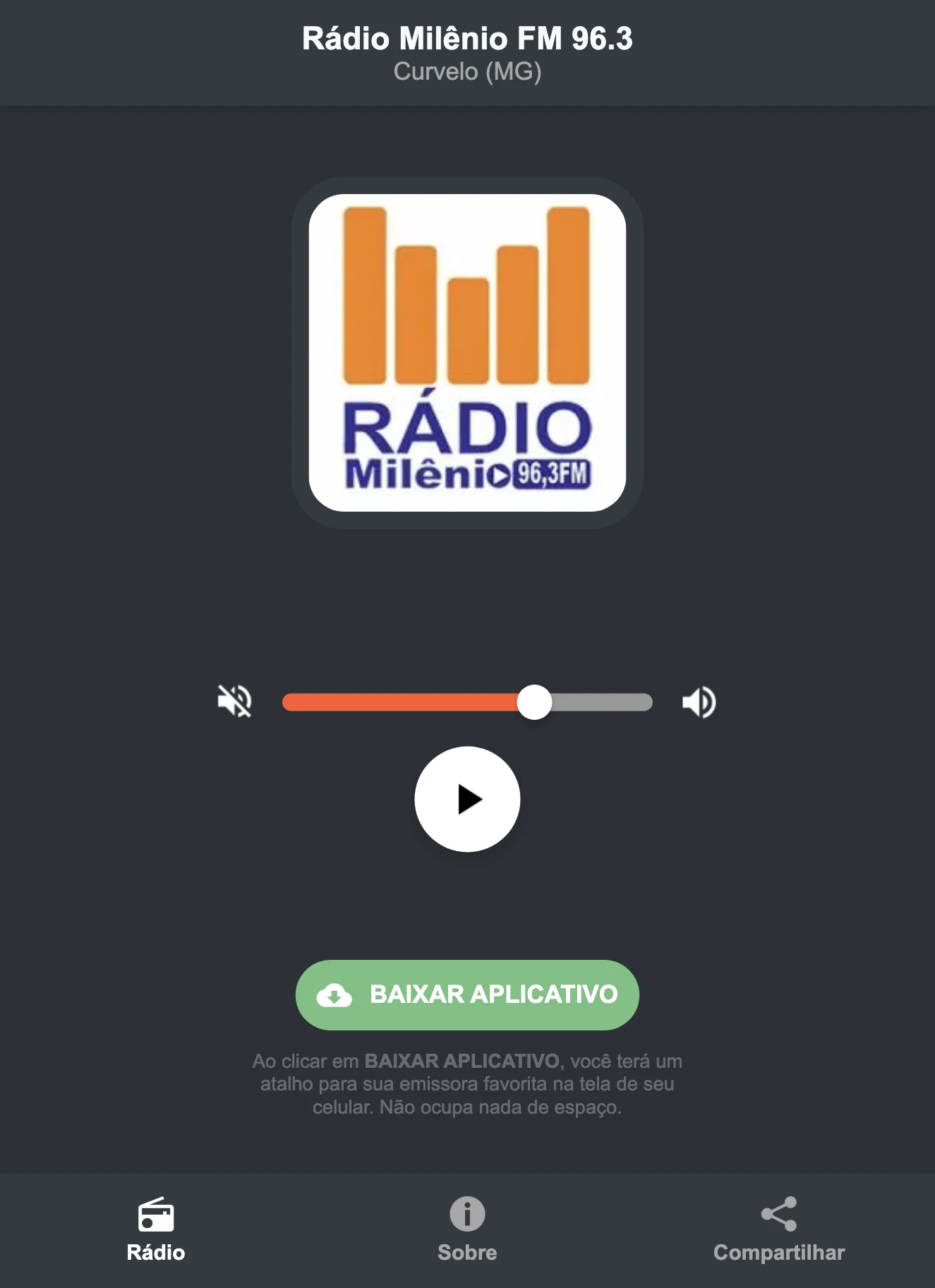 Screenshot do aplicativo da Rádio Milênio FM 96.3
