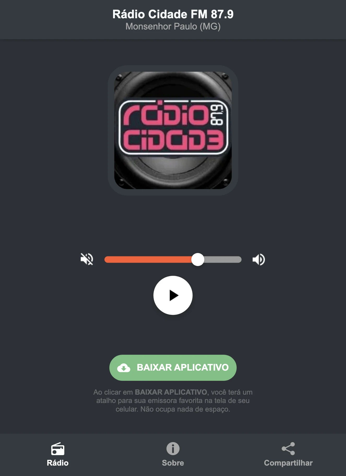 Screenshot do aplicativo da Rádio Cidade FM 87.9