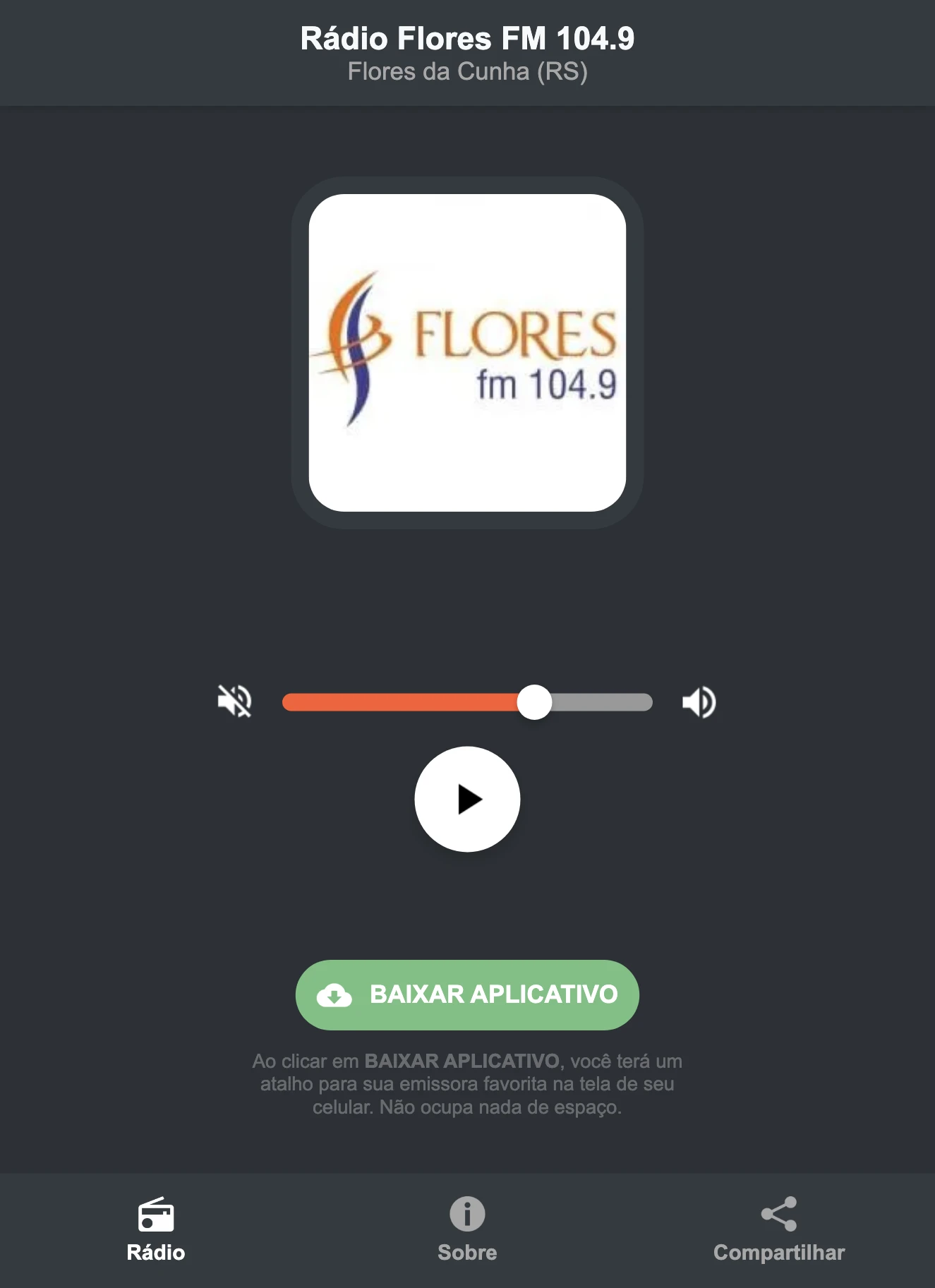 Screenshot do aplicativo da Rádio Flores FM 104.9