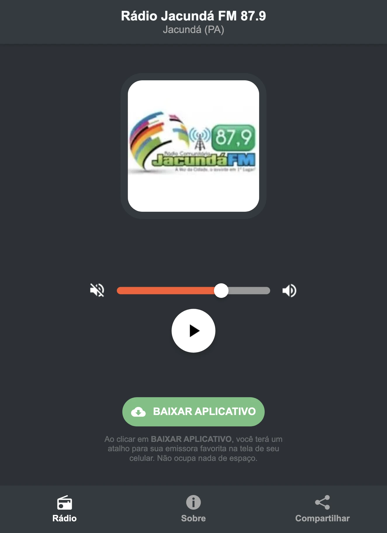 Screenshot do aplicativo da Rádio Jacundá FM 87.9