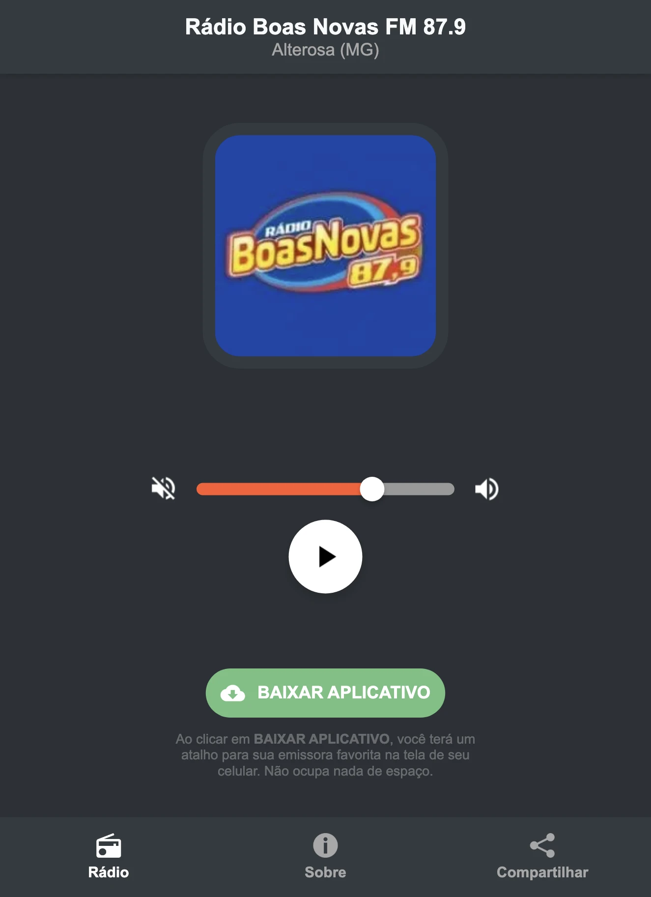 Screenshot do aplicativo da Rádio Boas Novas FM 87.9