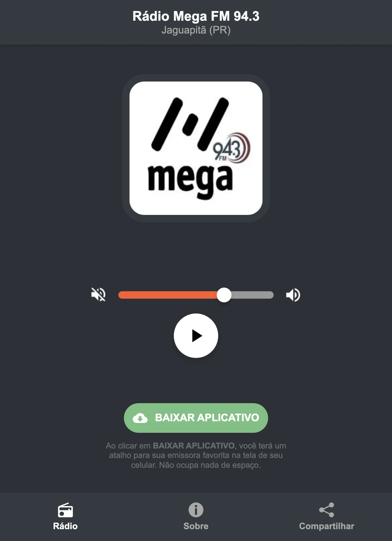 Screenshot do aplicativo da Rádio Mega FM 94.3