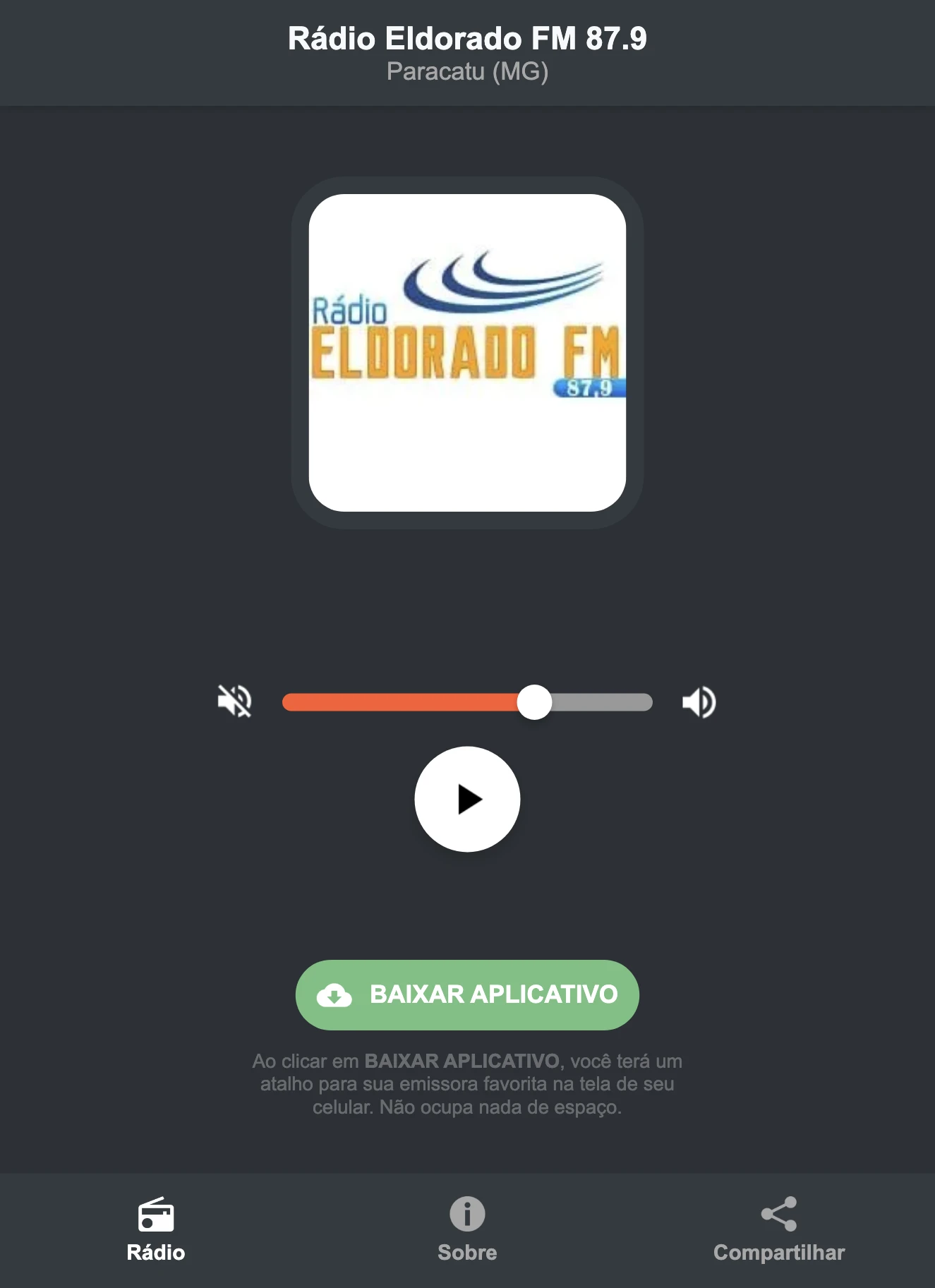 Screenshot do aplicativo da Rádio Eldorado FM 87.9