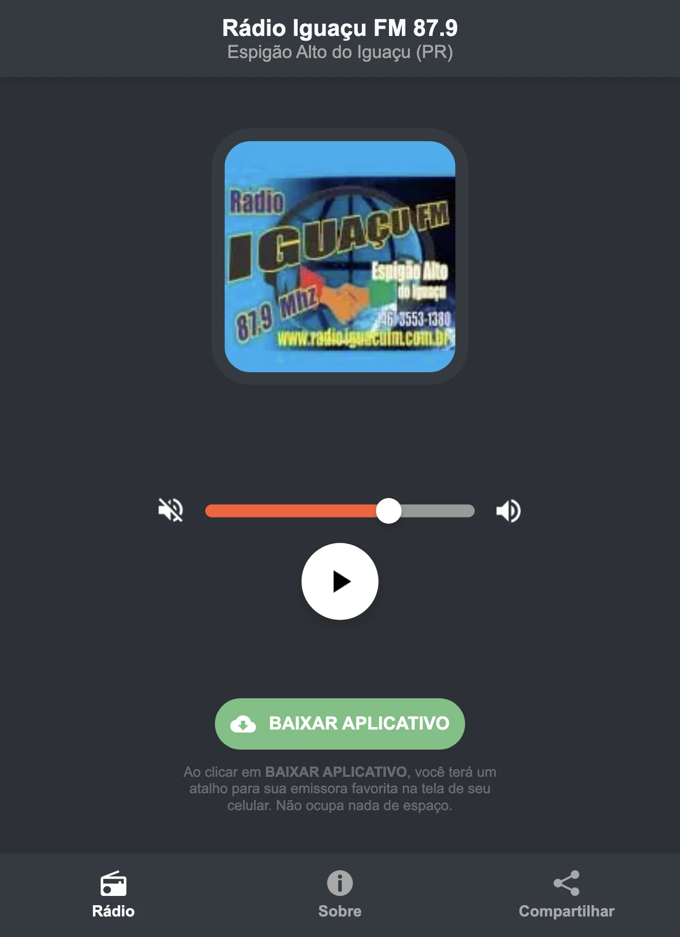 Screenshot do aplicativo da Rádio Iguaçu FM 87.9