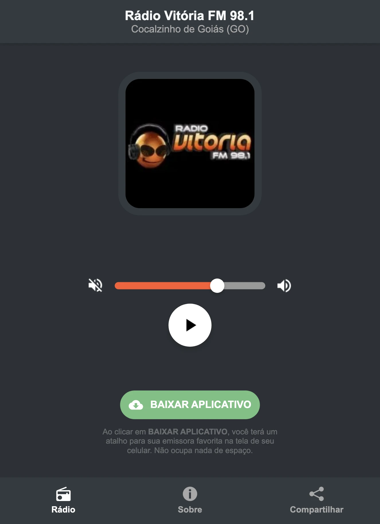 Screenshot do aplicativo da Rádio Vitória FM 98.1