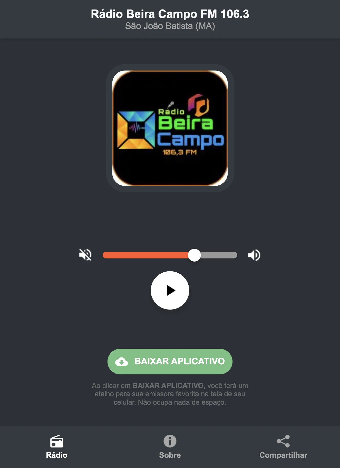 Screenshot do aplicativo da Rádio Beira Campo FM 106.3