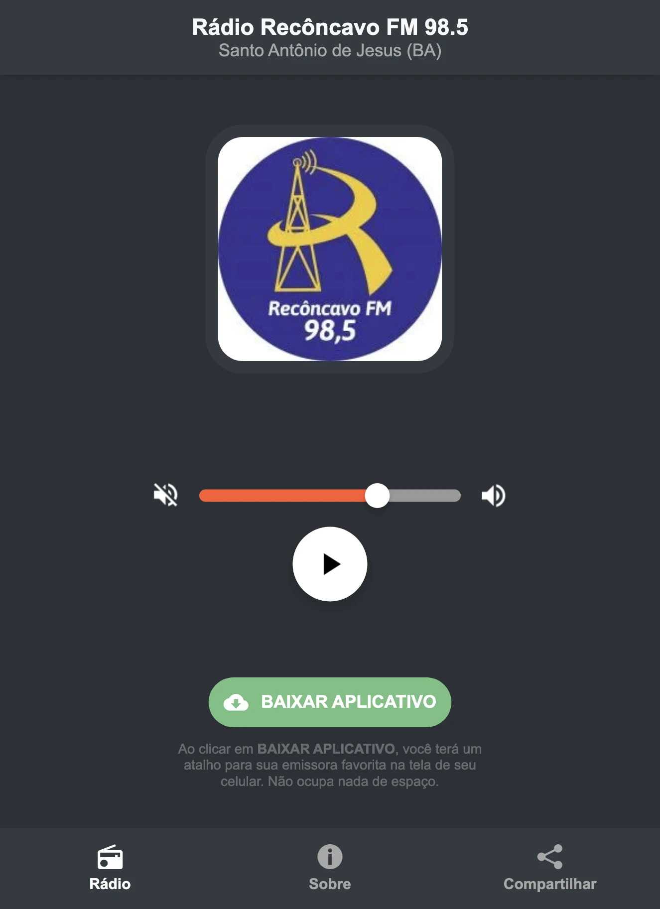 Screenshot do aplicativo da Rádio Recôncavo FM 98.5
