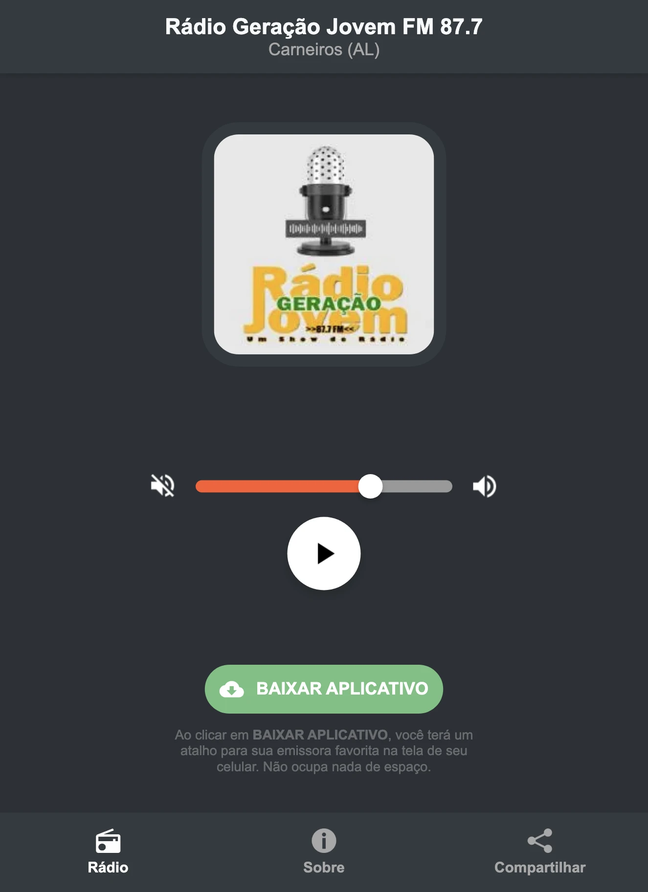 Screenshot do aplicativo da Rádio Geração Jovem FM 87.7