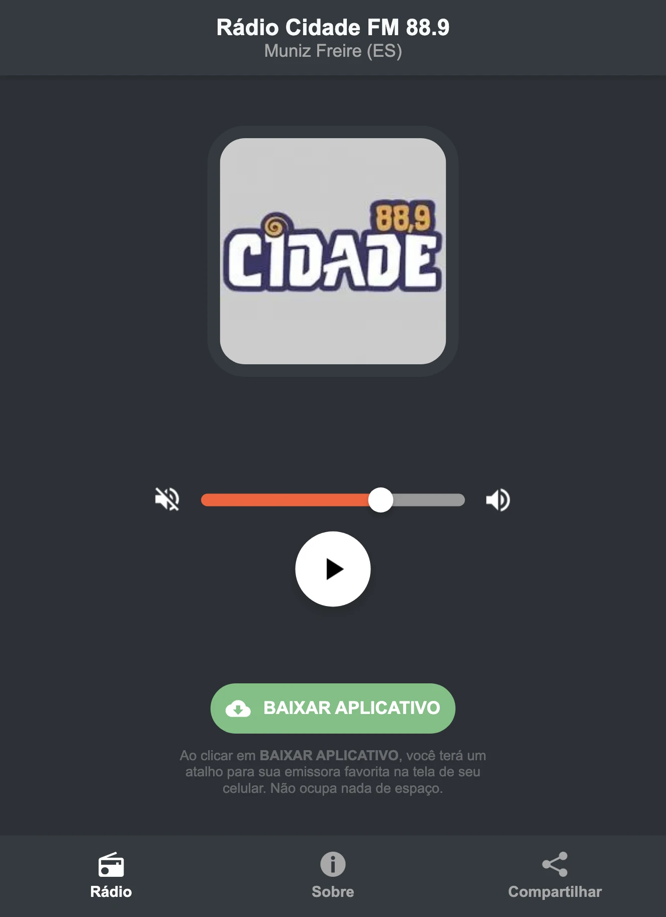 Screenshot do aplicativo da Rádio Cidade FM 88.9