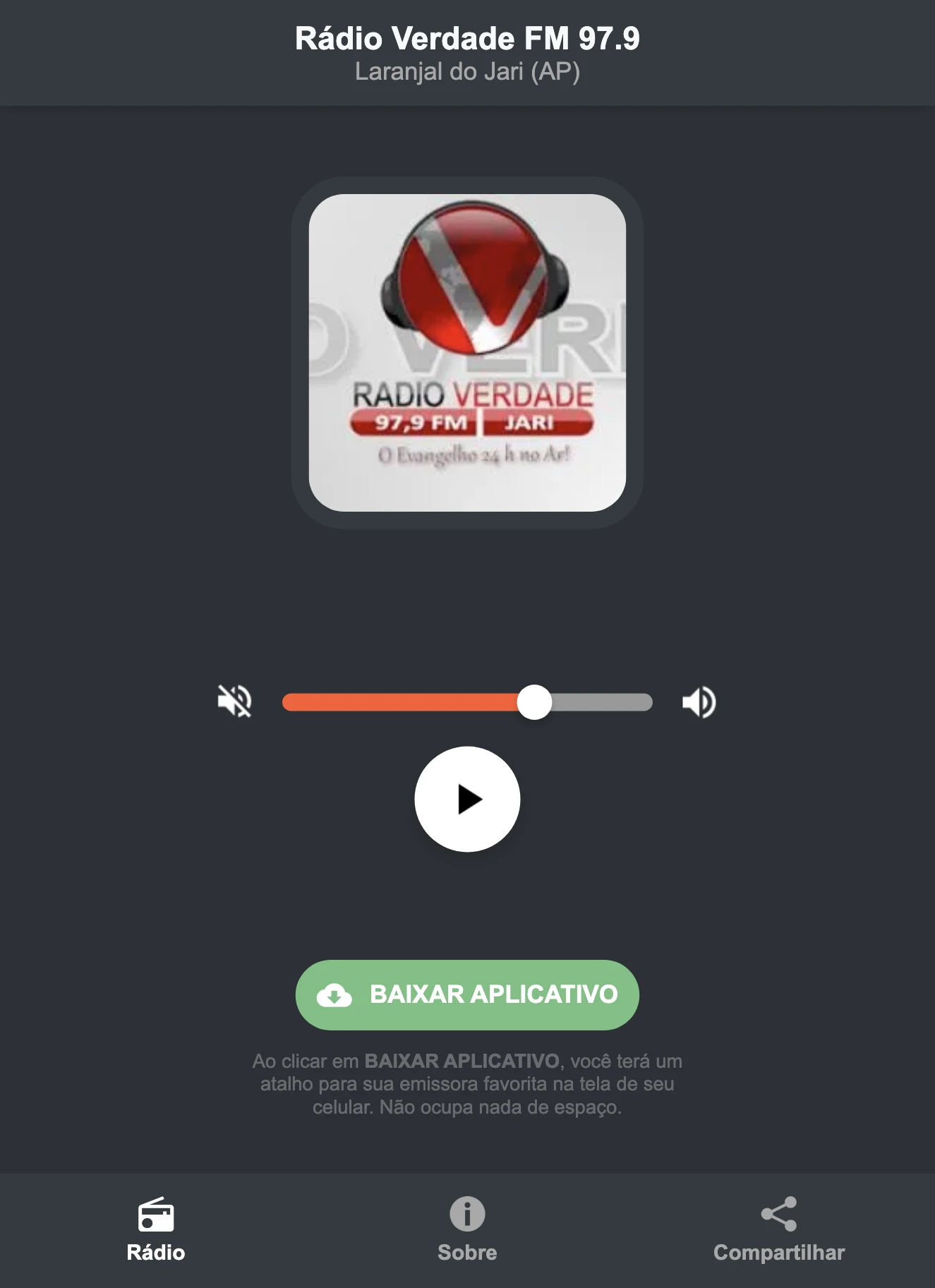 Screenshot do aplicativo da Rádio Verdade FM 97.9