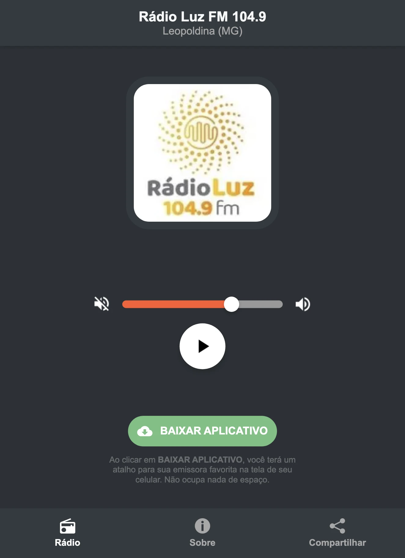 Screenshot do aplicativo da Rádio Luz FM 104.9