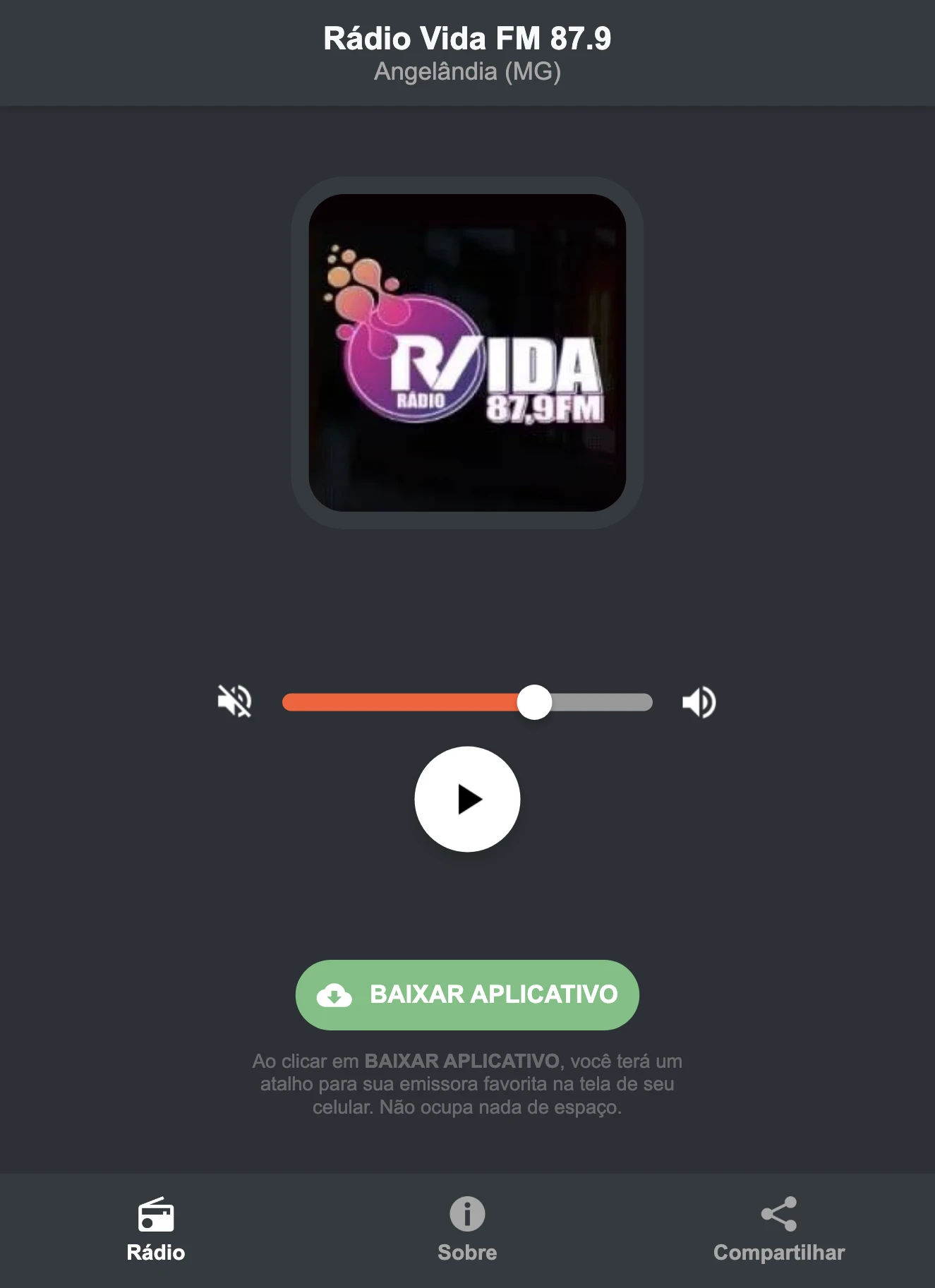 Screenshot do aplicativo da Rádio Vida FM 87.9
