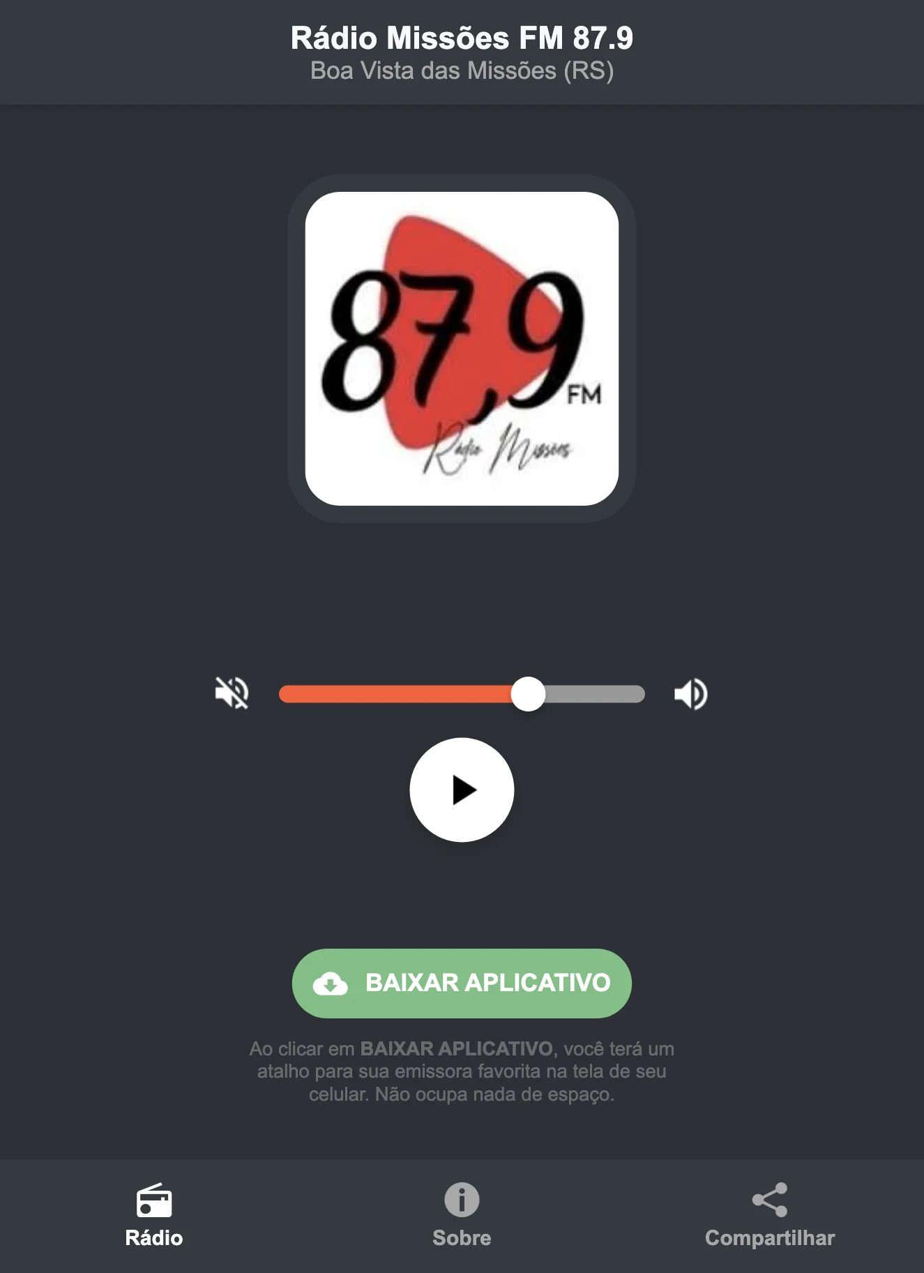 Screenshot do aplicativo da Rádio Missões FM 87.9