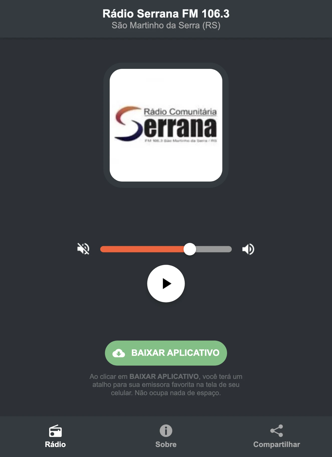 Screenshot do aplicativo da Rádio Serrana FM 106.3