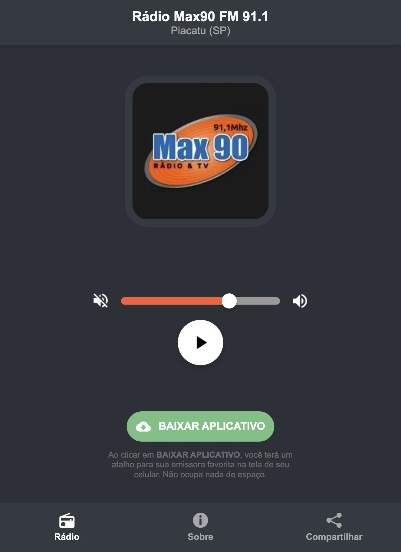 Screenshot do aplicativo da Rádio Max90 FM 91.1