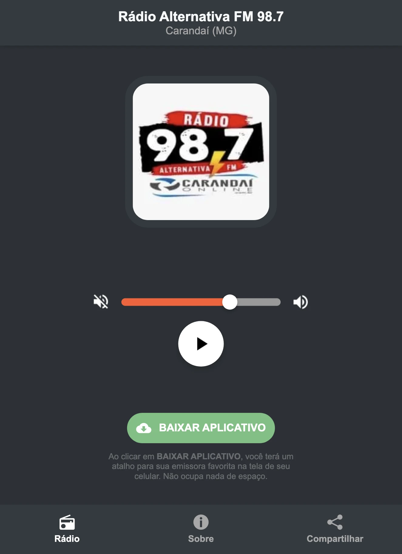 Screenshot do aplicativo da Rádio Alternativa FM 98.7