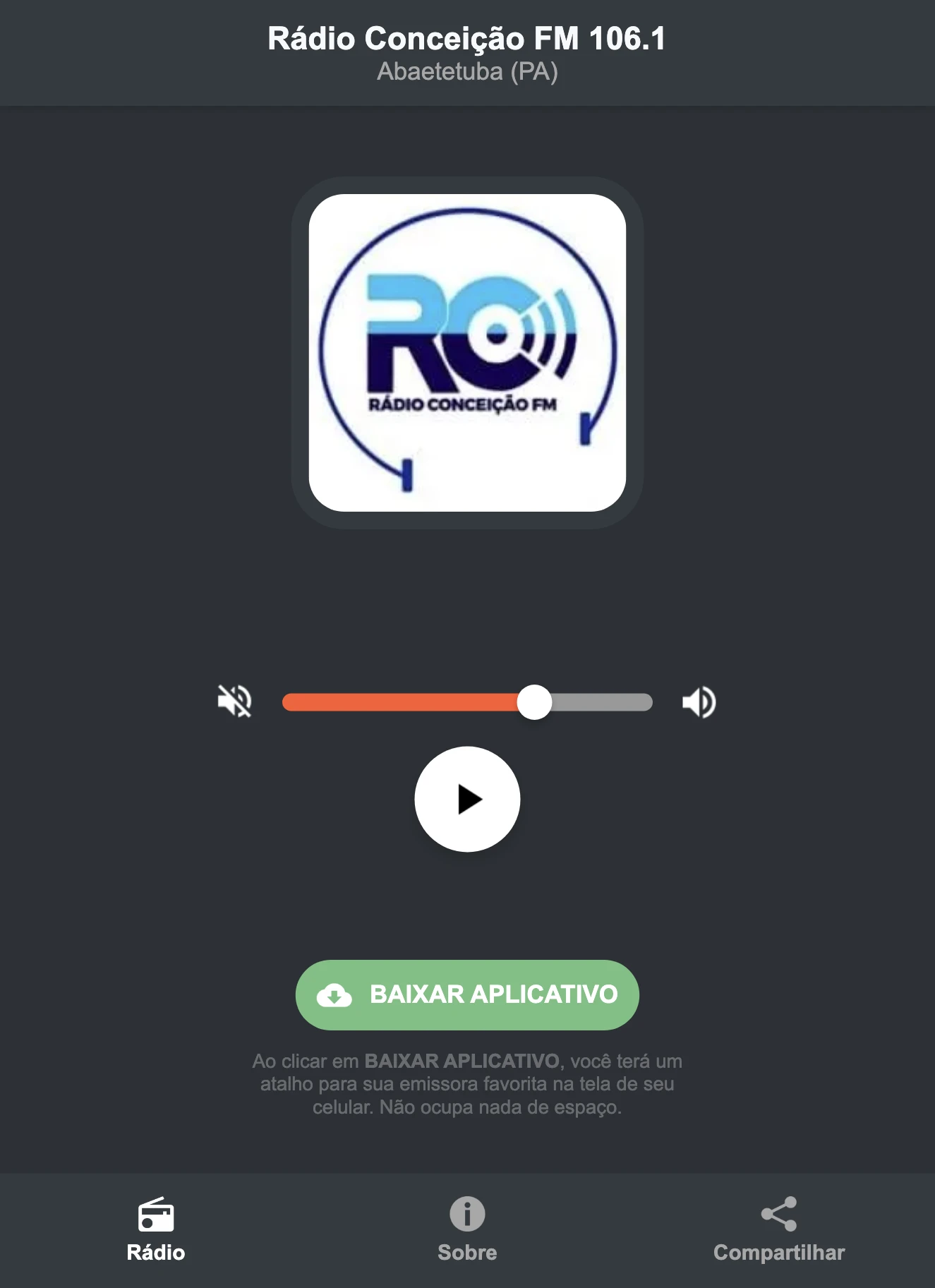 Screenshot do aplicativo da Rádio Conceição FM 106.1