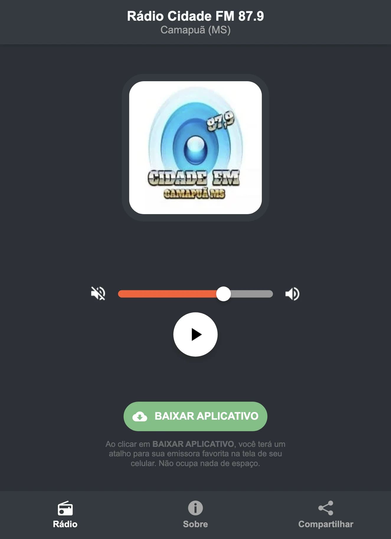 Screenshot do aplicativo da Rádio Cidade FM 87.9
