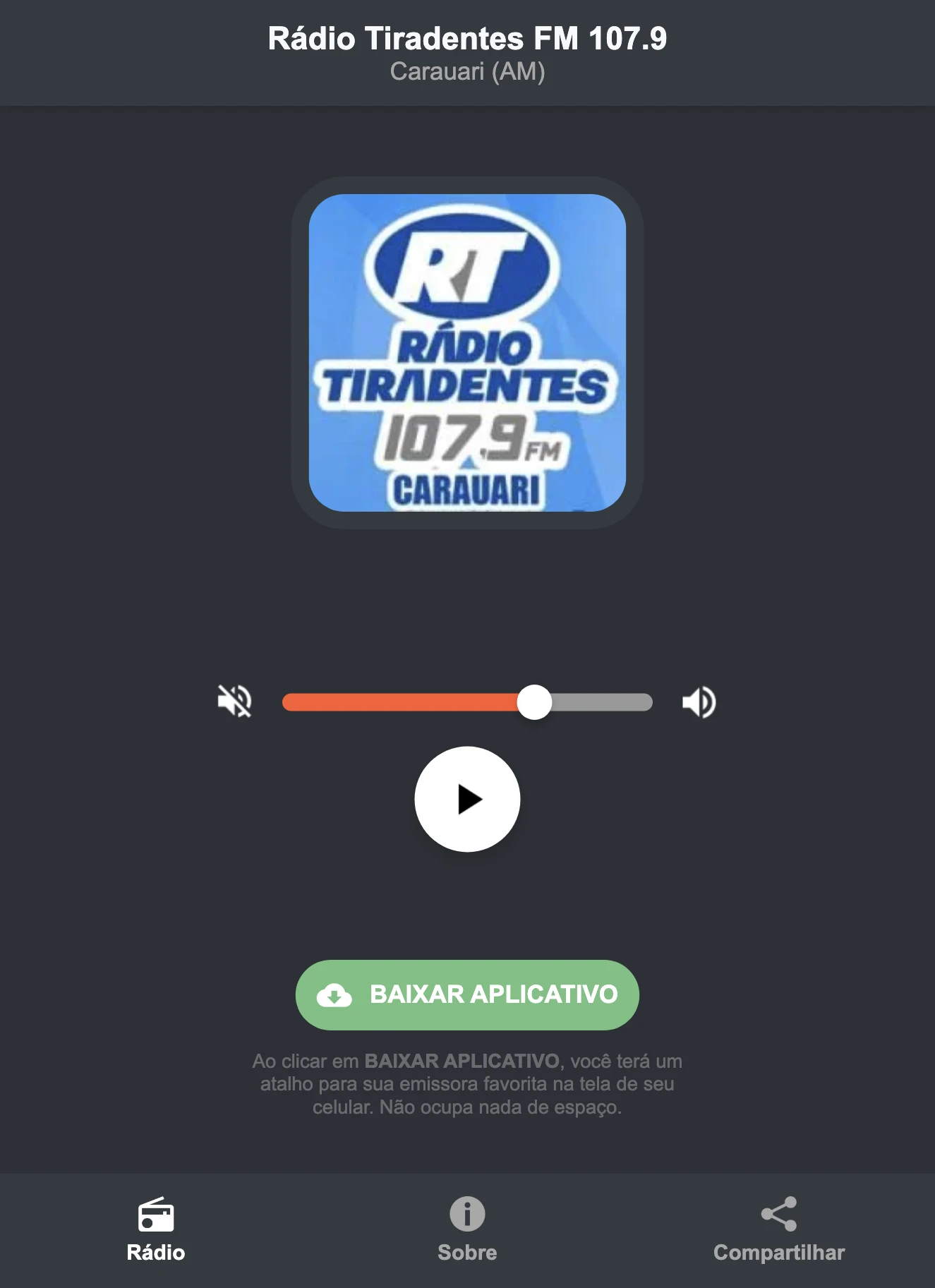 Screenshot do aplicativo da Rádio Tiradentes FM 107.9