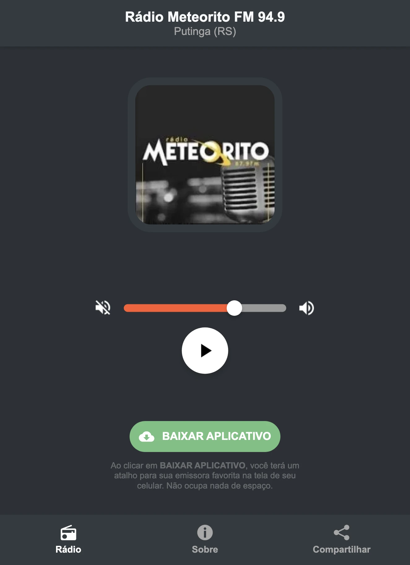 Screenshot do aplicativo da Rádio Meteorito FM 94.9