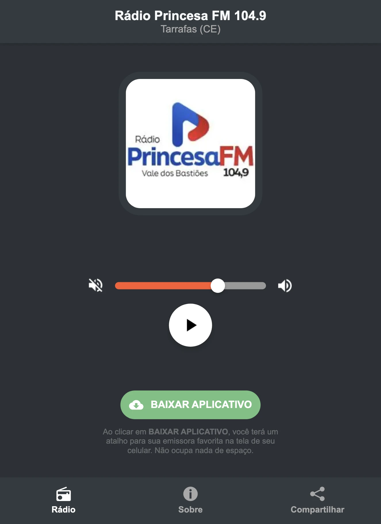 Screenshot do aplicativo da Rádio Princesa FM 104.9