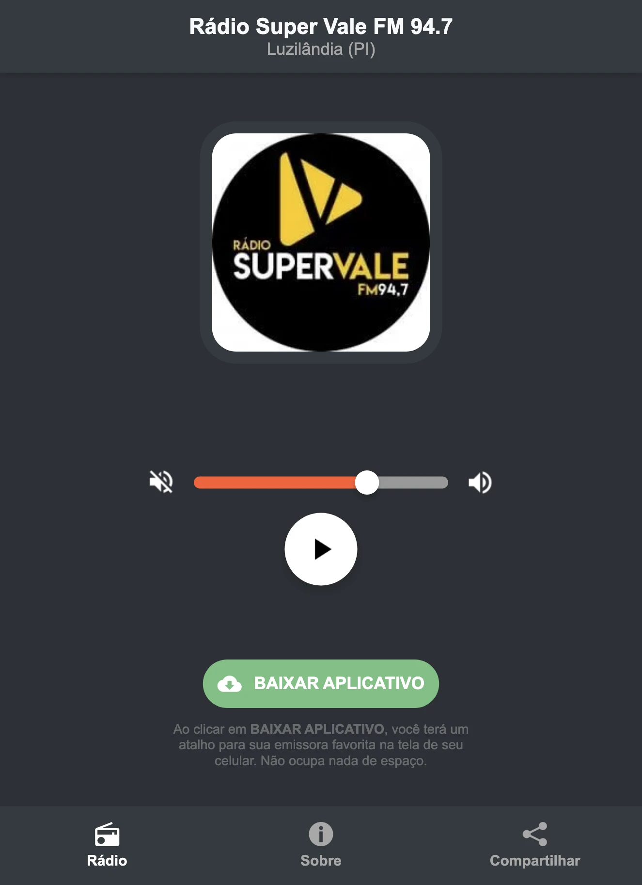 Screenshot do aplicativo da Rádio Super Vale FM 94.7