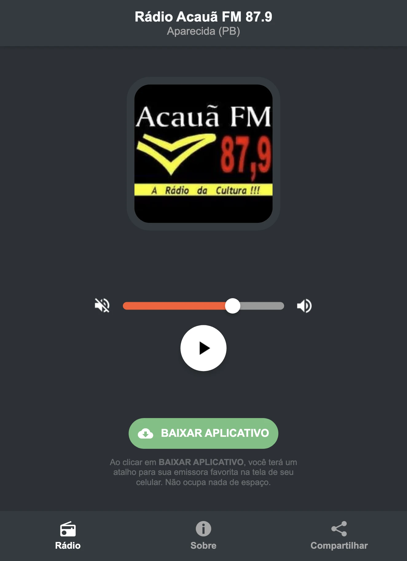 Screenshot do aplicativo da Rádio Acauã FM 87.9