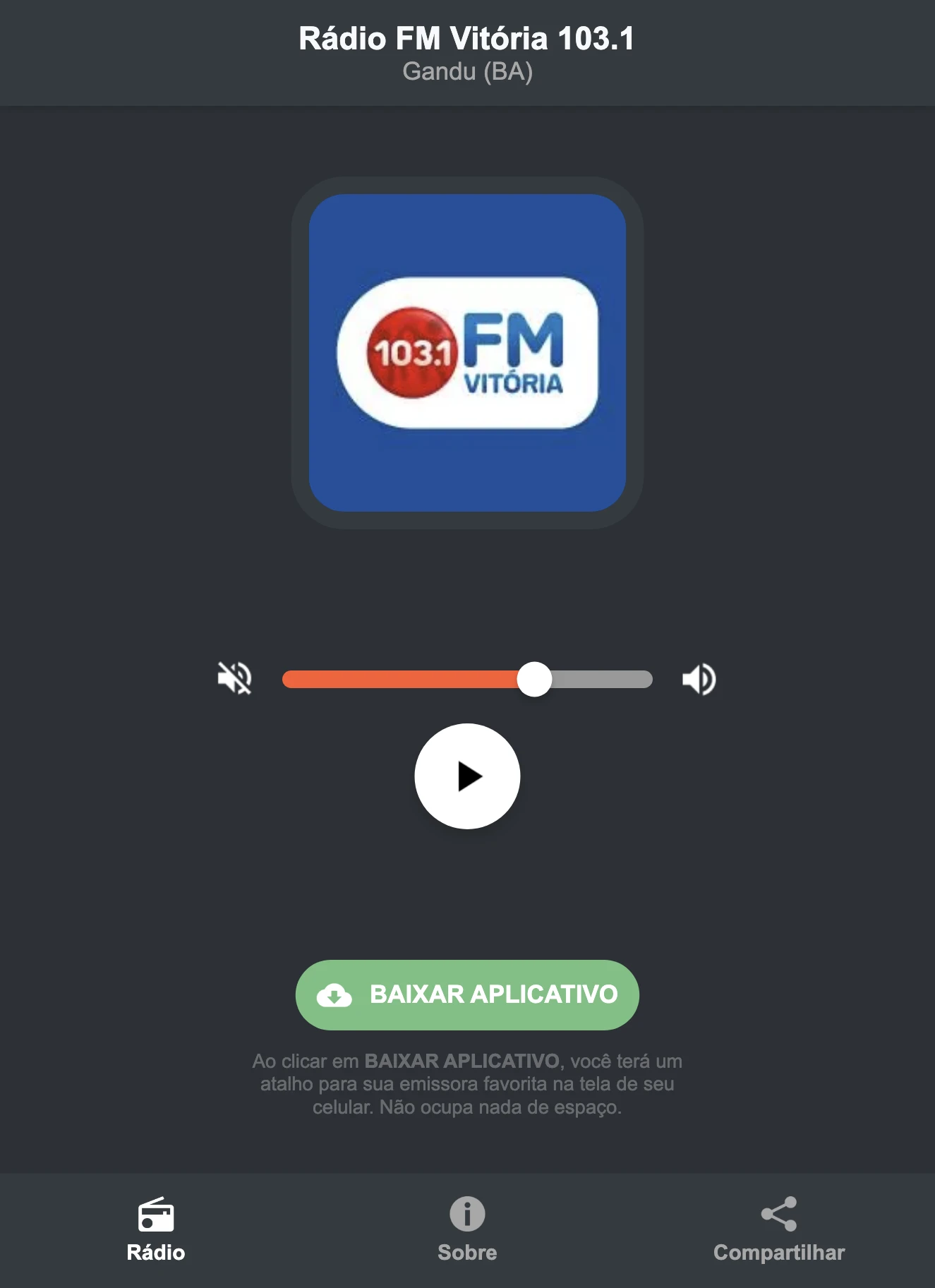 Screenshot do aplicativo da Rádio FM Vitória 103.1