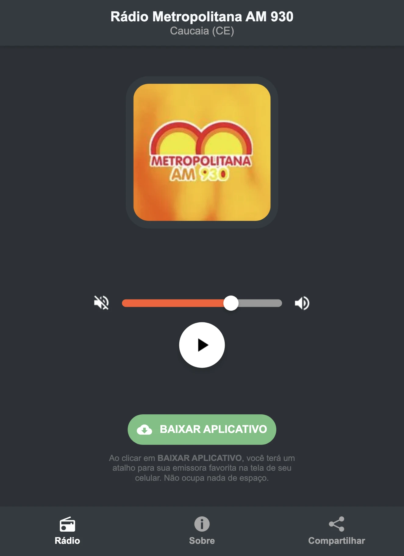 Screenshot do aplicativo da Rádio Metropolitana AM 930