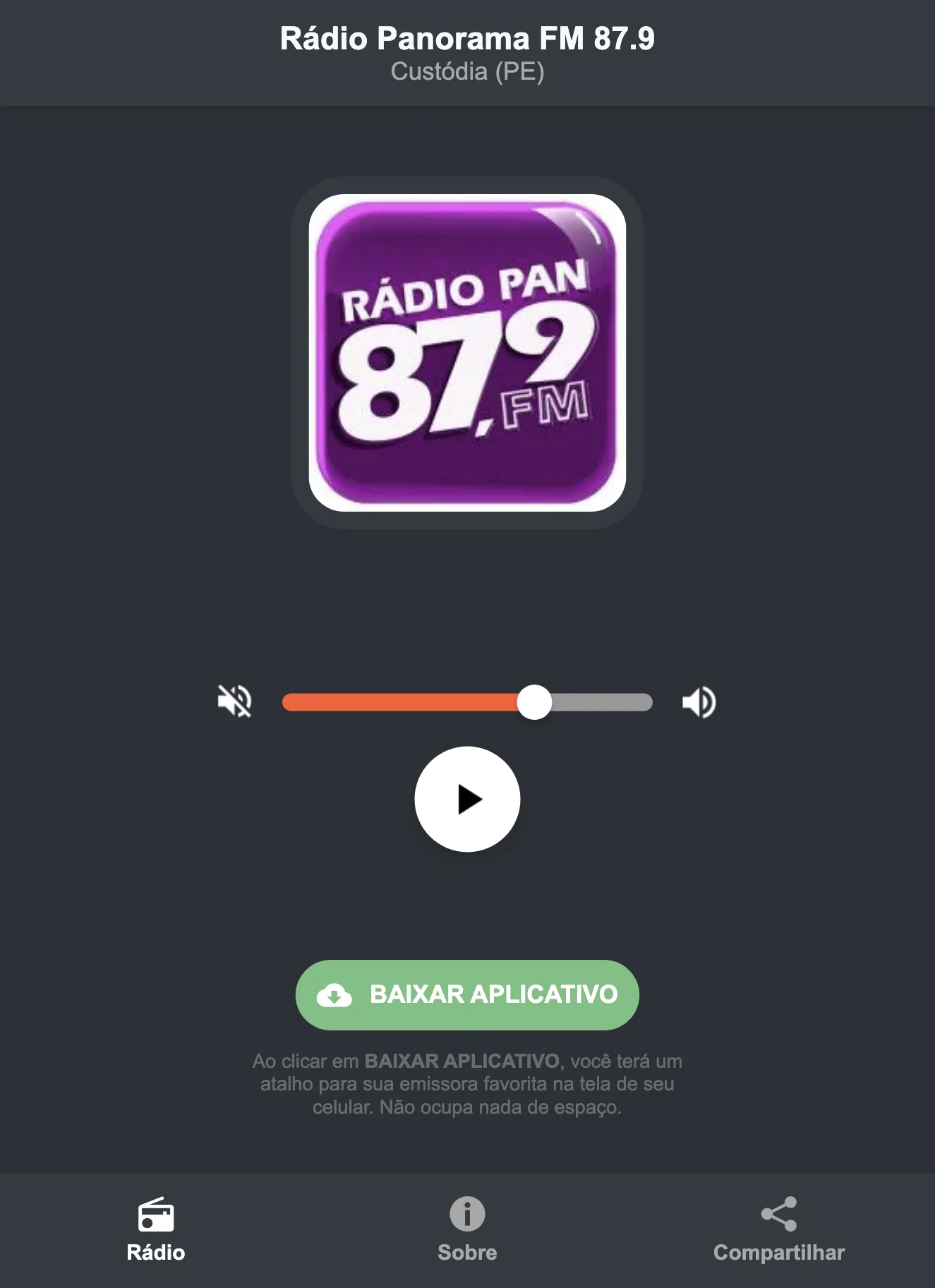 Screenshot do aplicativo da Rádio Panorama FM 87.9